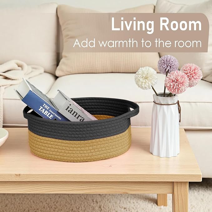 JMvicyroam Woven Basket,Small Rope Storage Bin with Handles & Ribbon Bag, Organizer for Shelves Closets,Gift Basket Empty for Birthday,Books,Dog Toys, Black&Jute/2 Pack