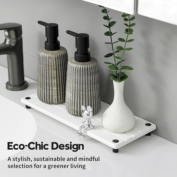 Razborci Instant Dry Sink Caddy Kitchen Sink Organizer, Quick Drying Stone Tray Diatomite Sponge Holder Soap Dish, Bathroom Countertop Fast Dry Water Absorbing Vanity Rack, White, 12" x 5"