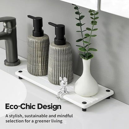 Razborci Instant Dry Sink Caddy Kitchen Sink Organizer, Quick Drying Stone Tray Diatomite Sponge Holder Soap Dish, Bathroom Countertop Fast Dry Water Absorbing Vanity Rack, White, 12" x 5"