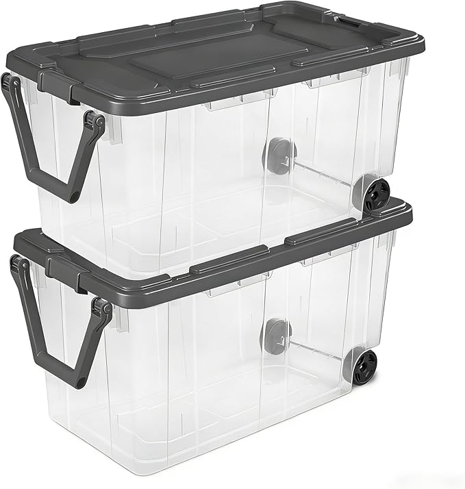 160 Quart Wheeled Stacker, Extra Large Durable Clear Bin, Latch Lid and Pull Handle, Gray, 2 Count