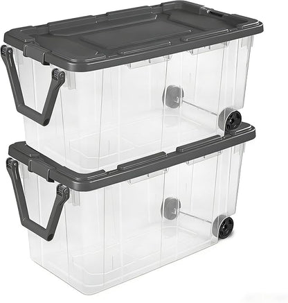 160 Quart Wheeled Stacker, Extra Large Durable Clear Bin, Latch Lid and Pull Handle, Gray, 2 Count