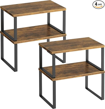 Kitchen Cabinet Organizer Shelf Set of 4, Sturdy Kitchen Counter Shelves with Metal Legs, Stackable Expandable Wood Spice Rack Pantry Cupboard Dish Mug Cup Storage Organizer Shelf, Rustic Brown