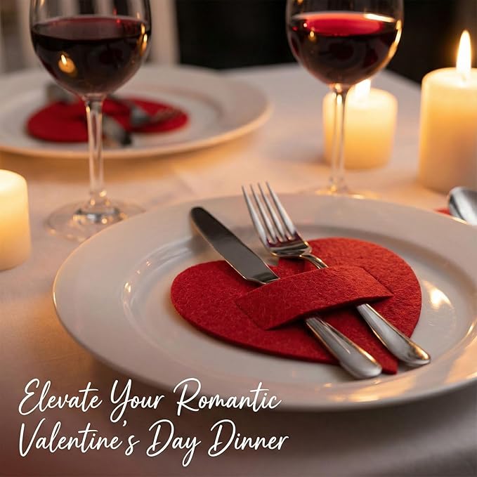 Threetols 6Pcs Valentine's Day Tableware Utensil Holder Red Heart Shape Fork Cutter Bag, Red Love Theme Felt Flatware Bags Covers for Engagement Xmas Dinner Table Party Decor Supplies