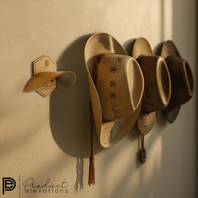 Hat Hooks for Wall Set of 2 – Cowboy Hat Hanger for Fedoras, Caps & Wide Brim Hats – Wooden Curved Rack Preserve Hat Shape – Wall-Mounted Cap Holder for Door & Closet