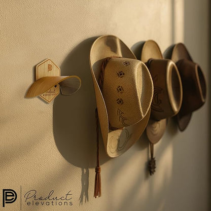 Hat Hooks for Wall Set of 2 – Cowboy Hat Hanger for Fedoras, Caps & Wide Brim Hats – Wooden Curved Rack Preserve Hat Shape – Wall-Mounted Cap Holder for Door & Closet