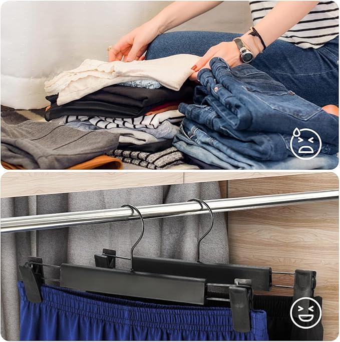 GUANJUNE 10 Pack Clothes Pants Hangers, Space-Saving Skirt Holders with 360 ° Swivel Hooks, Adjustable Clips, Trouser Coat Garment Jeans Black