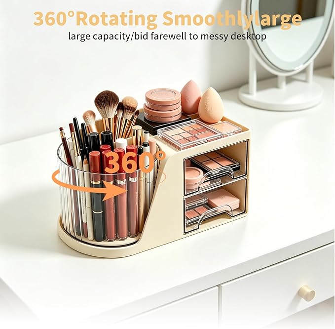 360 Rotating Makeup Organizer with 2 Drawers, Spinning Cosmetic Brush Holder & Pen Cup, Multi-Purpose Desktop Storage for Bathroom Vanity, Art Supplies, Skincare, Office Desk