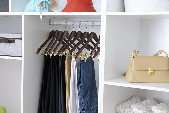 Quality Hangers Quality Wooden Skirt Hangers with Clips 80-Pack Walnut Pants Adjustable Gold Metal Clips, Swivel Hook, Coat, Jacket, Blouse Suit (Walnut - 80) 17.5'' inch