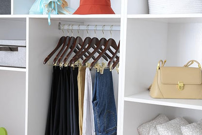 Quality Wooden Skirt Hangers with Clips - 20 Pack Walnut Pants Hangers with Adjustable Gold Metal Clips, Swivel Hook for Coats, Jackets, Blouses, Suits