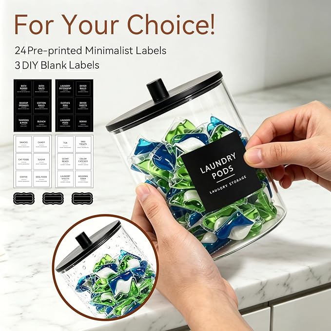 Amolliar Laundry Pods Storage Container, Clear Laundry Room Organization, 2 Pack Large Detergent Container with Bamboo Lids & 27 Labels for Bathroom Organizer (Black, 0.6+0.4Gal)