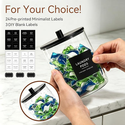 Amolliar 78oz Laundry Pods Storage Container, Clear Laundry Room Organization, Detergent Container with Bamboo Lids & 27 Labels for Bathroom Organizer (Black, 1 Pack)