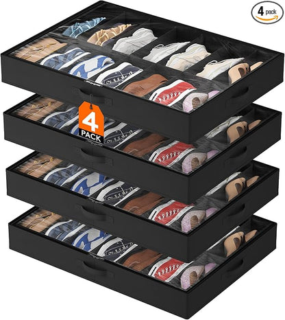 Lifewit Under Bed Shoe Storage Organizer 4 Pack(14 Shoes Cells), 4.3 Inches Tall Low Profile Fabric Shoes Container Box with Clear Cover, Foldable Storage Bag with 2 Handles, Fits 28 to 56 Pairs