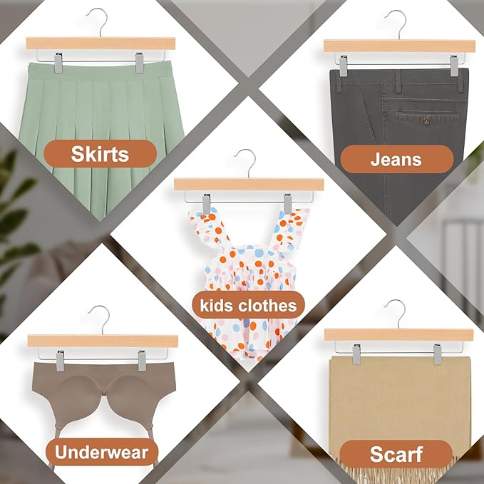 TOPIA HANGER Lotus Wood Pants Hangers, Unfinished Wooden Skirt Short Jeans Trouser Hanger with 360° Swivel Hook Anti Rust 2 Adjustable Clips, 20 Pack, CT10PN20