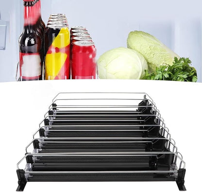 Soda Can Organizer, Automatic Pusher Glide Drink Dispenser for Fridge, Adjustable Width Beverage Holder, Storage 25 Cans 5 Row (Black)