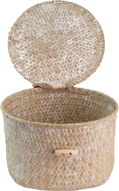Seagrass Handmade Basket with Lid, Small Round Basket for Storage, Decorative Home Organizer Decor(7"L X 5"H, White)
