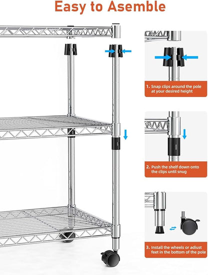YSSOA Heavy Duty 3-Tier Storage Shelves 750Lb Capacity, 24.02" D x 13.78" W x 21.97" H Shelving Unit for Pantry, Garage, Laundry and Kitchen, Chrome