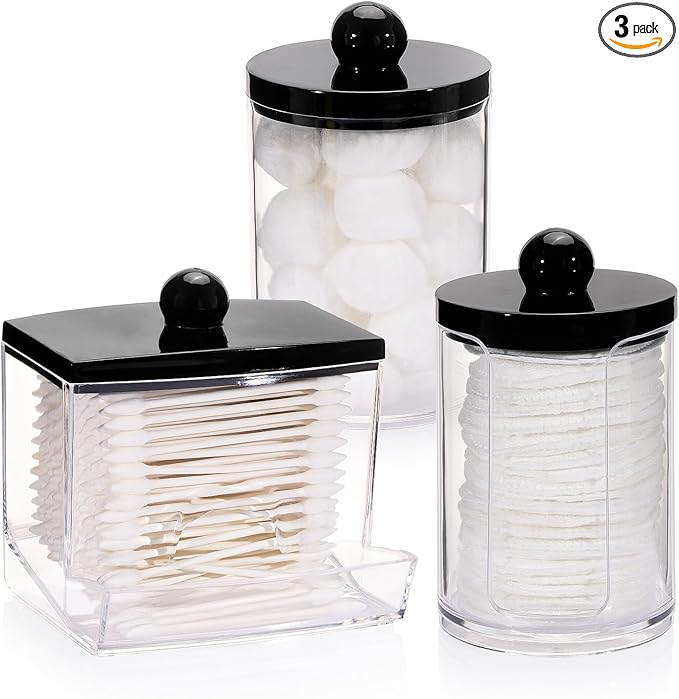 Tbestmax 3 Pack Qtips Holder Dispenser - Bathroom Organizers and Storage Containers, Plastic Apothecary Jars with Black Lids for Cotton Swab, Cotton Round Pads, Floss