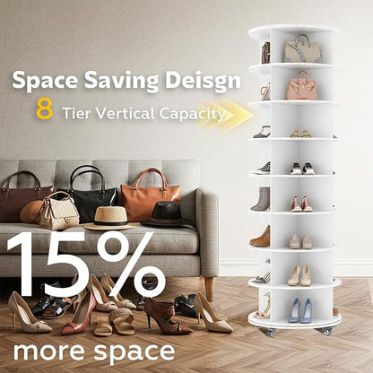 8 Tier Rotating Shoe Rack, Shoe Tower Organizer with 4 Universal Casters, Spinning Lazy Susan Display Storage Rack Round Carousel Vertical Handbag Closet (White, 23.6’’×23.6’’×74’’)