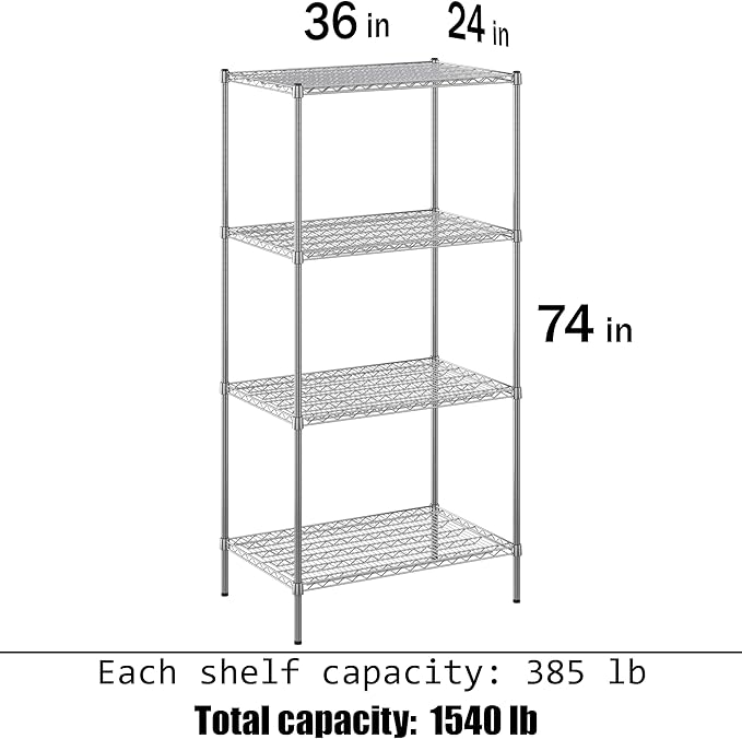 24" Deep x 36" Wide x 74" Height Wire Shelving Kit | 4-Tier | NSF Commercial Storage Rack Unit