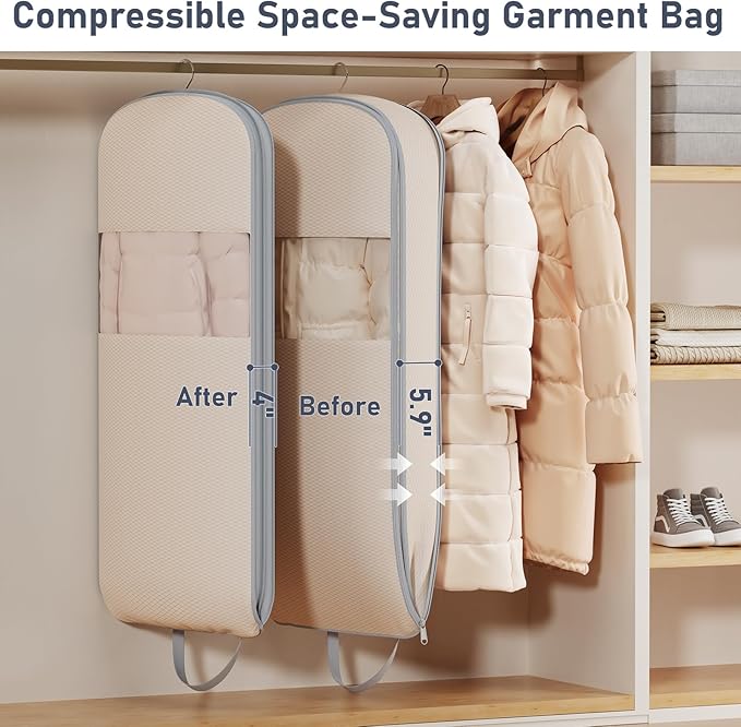 DIMJ 2 Pack 54" Space Saving Garment Bags for Hanging Clothes With Compression Zipper Carry Handles and Window, Washable Suit Bag for Dress, Clothes, Coats, Down Jacket, Closet Storage, Moving, Travel