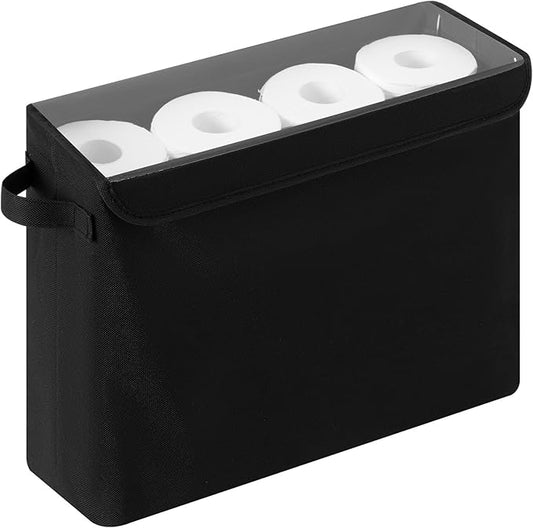 Cupic Cupid Toilet Paper Storage Baskets, Bathroom Toilet Paper Storage with Lid, Holds 12 Regular or 9 Mega Rolls, Slim Toilet Tissue Holder Basket with Clear PVC Lid and Handles, Black