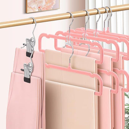 14 Inch 30 Pack Velvet Pants Hangers Non Slip,Slim Felt Jean Hangers with 10 Hooks and 2 Clips,Strong Durable Thin Space Saving Clothes Hanger with 360°Swivel Hook for Shorts,Skirts Bra(Pink)