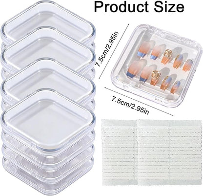Press On Nail Storage Box (16 Pack) with 60 Double-Sided Tapes - Clear Acrylic Nail Display Containers for Nail Art Business & Organization