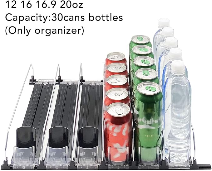 Drink Organizer for Fridge, Soda Can Dispenser for Refrigerator, Black Pushing Drink Organizer, Drink Dispenser for Beer Pop Can Water Bottle Dispenser (38cm)