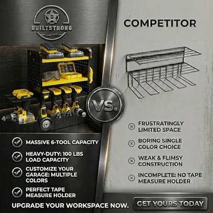 BUILTSTRONG Power Tool Organizer Wall Mount – 3-Tier Heavy-Duty Steel Rack, 6 Drill Slots, Dual Pegboard Sides, Side-by-Side Modular, 100 lb Capacity – Garage & Workshop (Yellow)