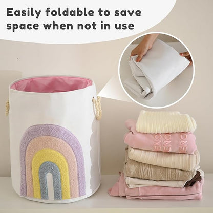 Pink Baby Hamper, XL Canvas 58L Laundry Basket with Drawstring Closure, Boho Rainbow Decor