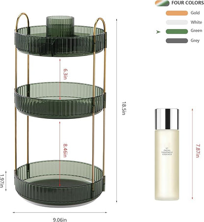 YCIA&DONE Rotating Makeup Organizer for Vanity, Large Capacity Make Up Storage Skin care Shelf Perfume Holders Cosmetic Dresser Organizer Countertop Spinning 360 (Vintage Green, 3Tiers)