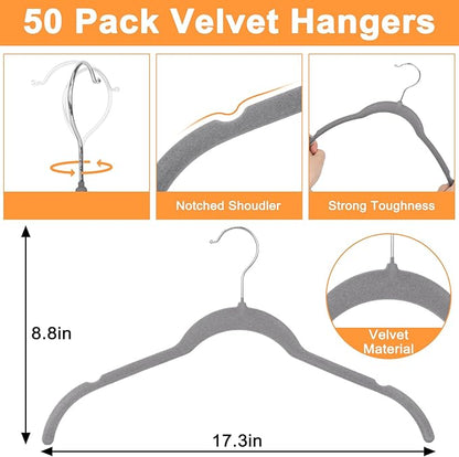 Gray Velvet Hangers 50 Pack, Non-Slip Felt Hangers with Shoulder Notches, Slim Space Saving Clothes Hangers with 360°Swivel Hook for Shirts Heavy Coats Clothes Dresses Closet(Gray)