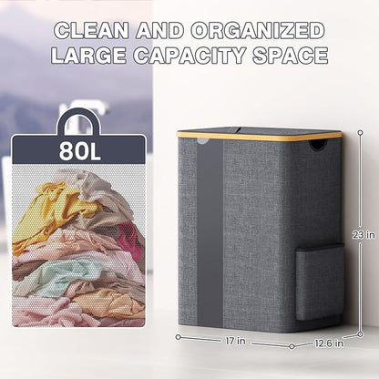 BlissTotes Laundry Basket with Lid, 80L Clothes Laundry Hamper with Handles and Removable Laundry Bag, Breathable Design Hamper with Lid for Bedroom, Bathroom, Dorm, Laundry Room - Light Grey