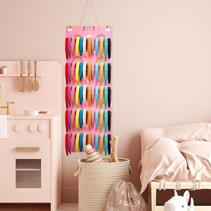 Tudomro Hanging Headband Holder for Girls Felt Hair Accessories Organizer with 60 Elastic Bands Bow Hanger for Girls Hair Bows Without Headbands(Pink,Rainbow)