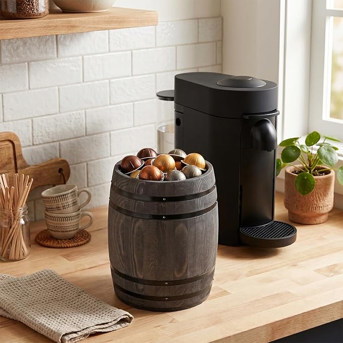 MyGift Wine Barrel Design Kitchen Utensil Crock, Vintage Gray Solid Wood Cooking Tool Holder