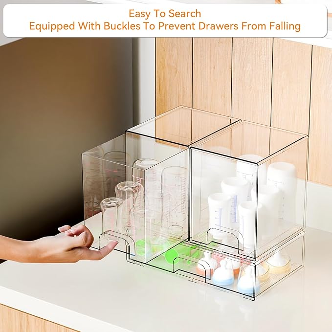 Yieach 3 Set Baby Bottle Organizer for Countertop,BPA Free Bottle Station Organizer for Breast Pump Parts,Pacifier and Baby Accessories,Clear Stackable Storage Drawers and Home Edit Storage Containers