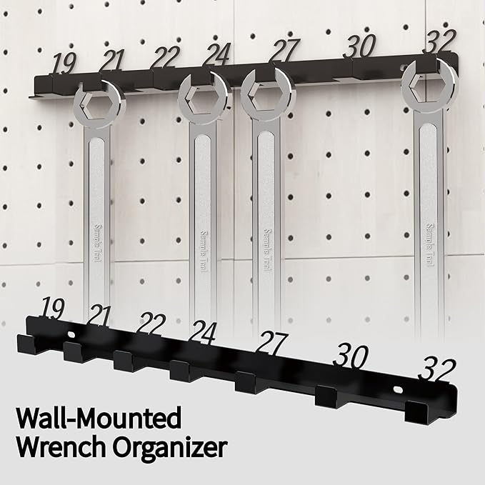 Metal Wrench Organizer, Wall-Mounted Storage Rack for Wrenches, Gift for Professional Mechanics, Sturdy Metal Rack, Combination Wrench Organizer for Wall, Holder for 7 wrenches（Fits 19mm to 32mm）