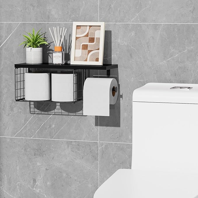 VITVITI Toilet Paper Holder with Shelf, Wall Mounted Toilet Paper Storage Basket, Wood Metal Toilet Roll and Wipes Holder for Bathroom Farmhouse (Black)