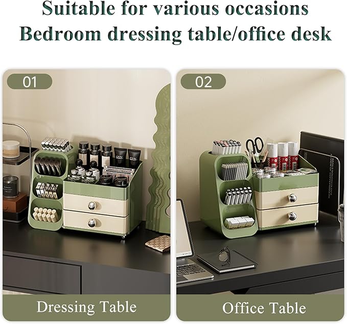 Makeup Organizer Countertop For Women,Brush Holder, Makeup Storage Organizer with 2 Drawers, Spacious Cosmetic Display Case for Beauty Essential, Skincare, Lipstick (Green)