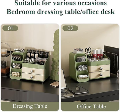 Makeup Organizer Countertop For Women,Brush Holder, Makeup Storage Organizer with 2 Drawers, Spacious Cosmetic Display Case for Beauty Essential, Skincare, Lipstick (Green)
