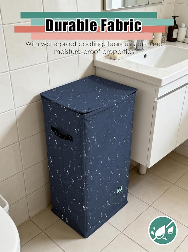 WTREE Laundry Hamper with Lid, Reinforced Sturdy Clothes Hamper with Anti-Puncture Base, Large Collapsible Laundry Basket with Removable Liner Bag, Tall Dirty Clothes Bin for Family, 100L Navy Blue