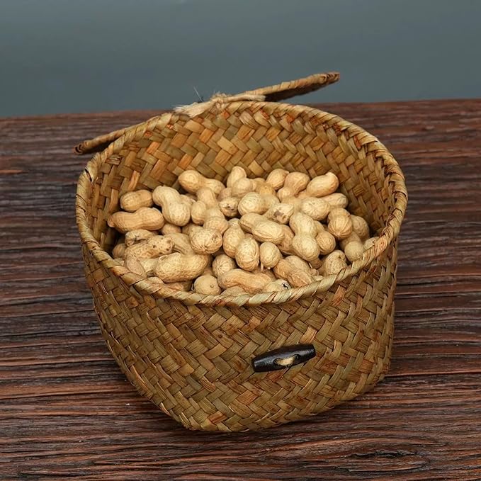 Seagrass Handmade Basket with Lid, Small Round Basket for Storage, Decorative Home Organizer Decor(7"L X 5"H, Natural)