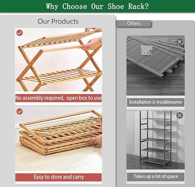 4 Tier Bamboo Shoe Rack,Portable Folding Shoe Storage Rack,Without Installation Small Shoe Rack Perfect for Corridors, Bedrooms and Small Spaces (4 Tier)