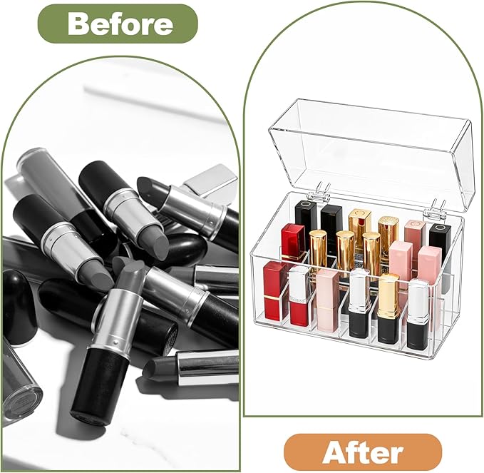Foraineam 3 Pack Lipstick Holder Organizer with Lid, 18 Spaces Clear Acrylic Lipstick Display Stand Container, Dust-proof Beauty Makeup Storage Case for Cosmetic Dresser Vanity Cabinet Display