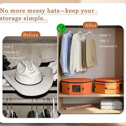 Vegan Leather Hat Box,Large Octagonal Hat Travel Fits 5 Cowboy or Wide-Brim Hats,Padded Hat Storage Organizer with Trolley Sleeve,Clear Window & Shoulder Strap,for Travel or Home Organization, Orange