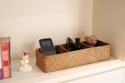 DOKOT Seagrass Toilet Tank Basket with 3 Section, Bathroom Toilet Paper Storage Baskets for Organizing (Natural)