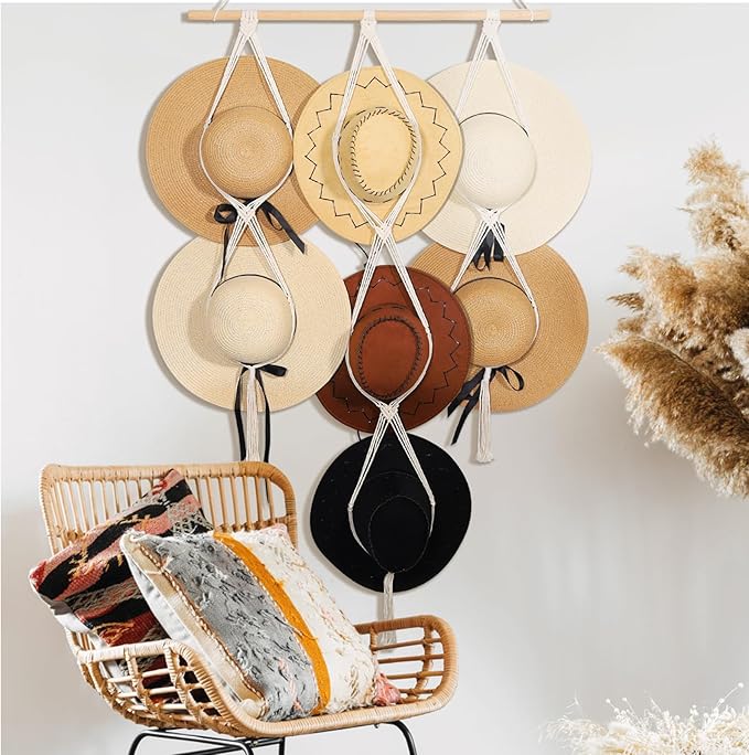 ZYP 7 Hats Style Macrame Hat Hanger Hat Rack for Wall,Women Decor Hat Holder,Bobo Hanging Hat Organizer Storage,Hats Display for Wide Brim Hats Cowboy Hat Bowler Fedora Hats Beach Sun Hat