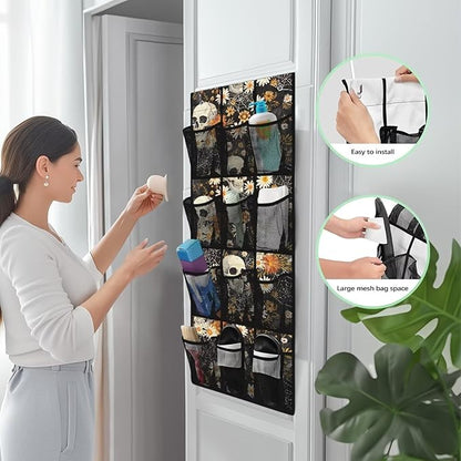 Skull Flowers 12-Pocket Over Door Hanging Shelves - Adjustable Compartments for Spices, Snacks, Cosmetics - Easy No-Tools Assembly