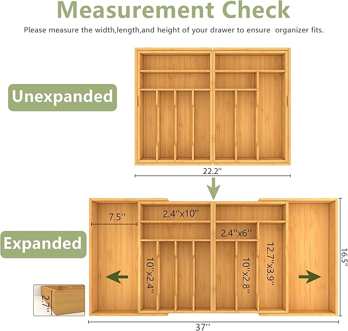 Suli Large Silverware Drawer Organizer, Adjustable Kitchen Flatware for Forks Knives and Spoons, Bamboo Cutlery Utensil Holder, Expandable from 22in-37in, Natural Bamboo