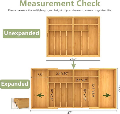 Suli Large Silverware Drawer Organizer, Adjustable Kitchen Flatware for Forks Knives and Spoons, Bamboo Cutlery Utensil Holder, Expandable from 22in-37in, Natural Bamboo